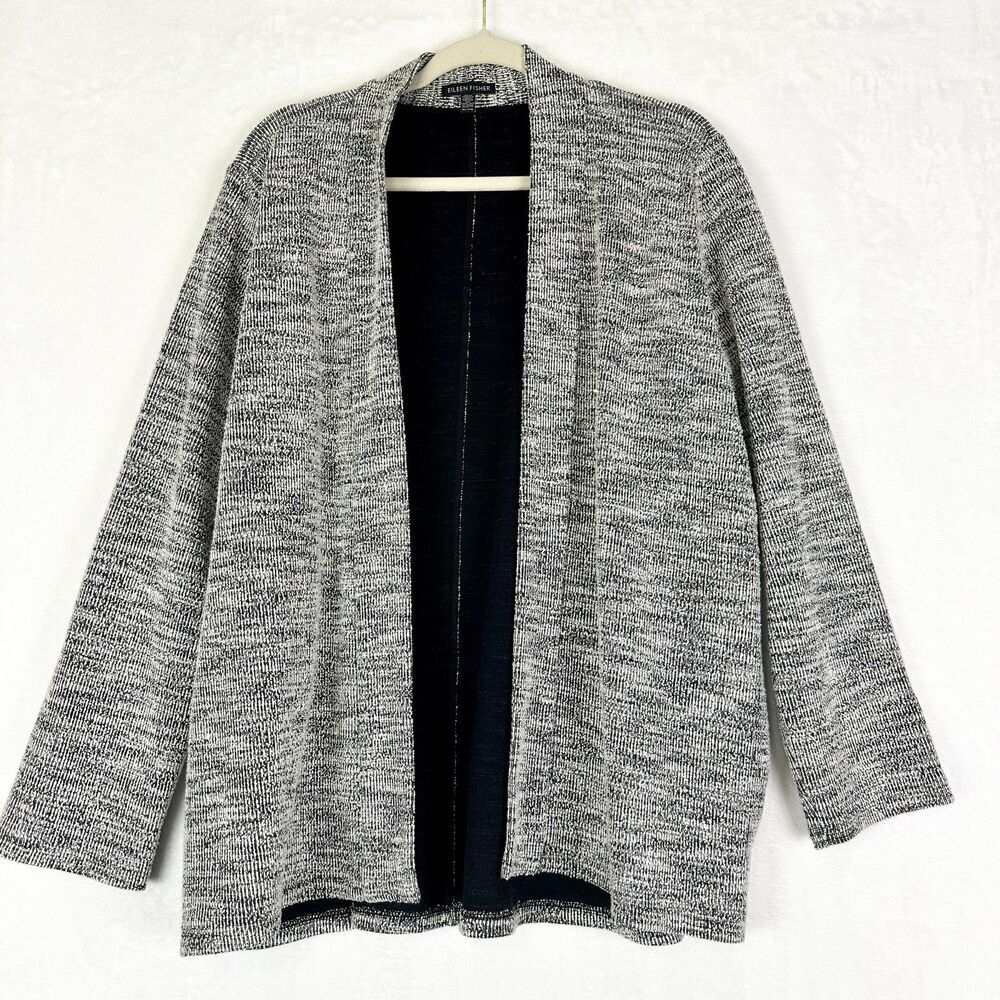 Eileen Fisher Organic Cotton Knit Jacquard Open Front Cardigan Size XL Marled